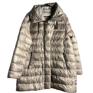 Nine West Womens Puffer Coat Hooded Beige XL Full Zip Quilted Winter Warm